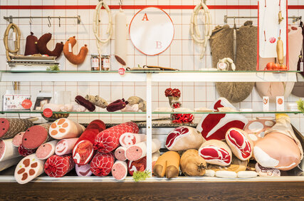 Meat counter Sausage counter made of fabric cushions